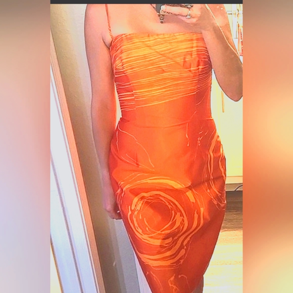Gold modern deco David Meister tailored dress with orange design detail